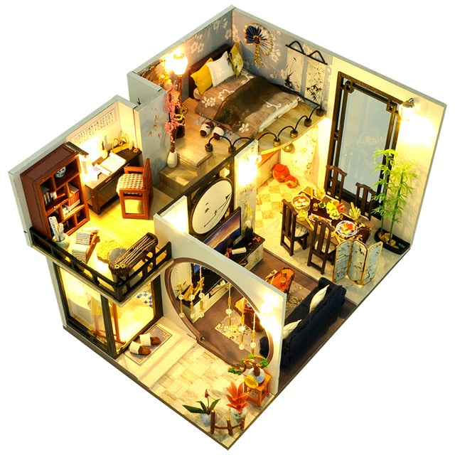 Qfdian  DIY Doll House Wooden Doll Houses Miniature Dollhouse Furniture Diorama Kit with LED Toys for Children Christmas Gift