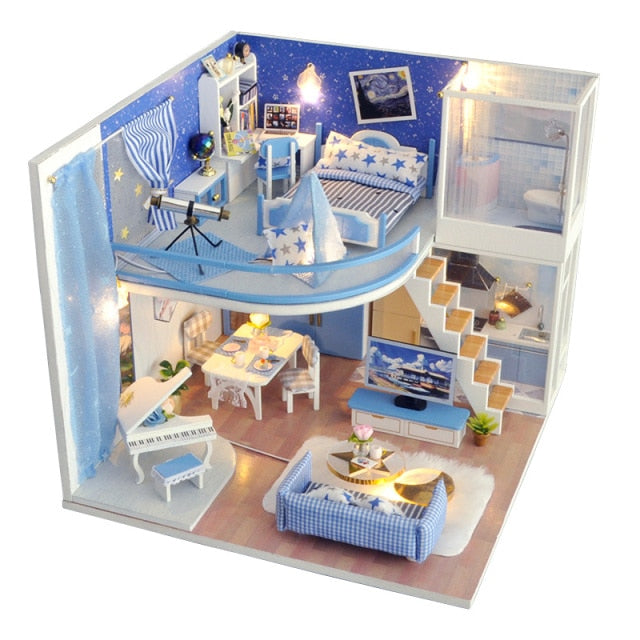 Qfdian  DIY Doll House Wooden Doll Houses Miniature Dollhouse Furniture Diorama Kit with LED Toys for Children Christmas Gift