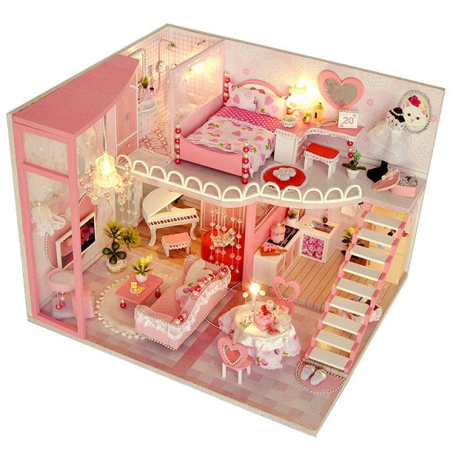 Qfdian  DIY Doll House Wooden Doll Houses Miniature Dollhouse Furniture Diorama Kit with LED Toys for Children Christmas Gift