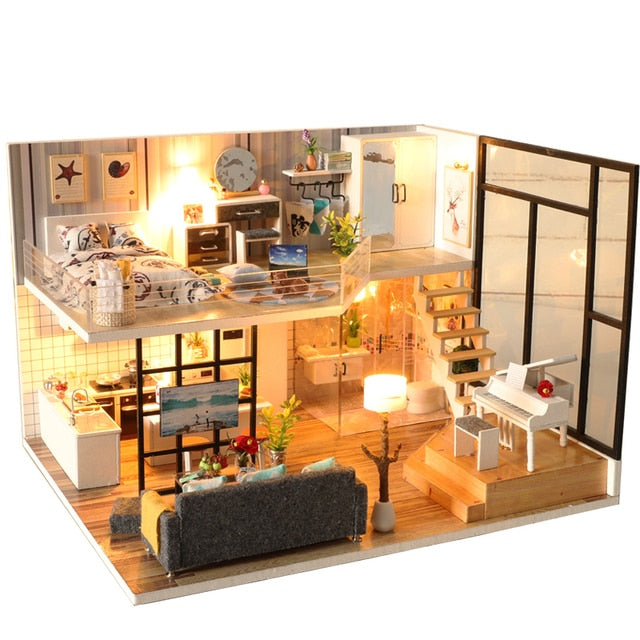 Qfdian  DIY Doll House Wooden Doll Houses Miniature Dollhouse Furniture Diorama Kit with LED Toys for Children Christmas Gift