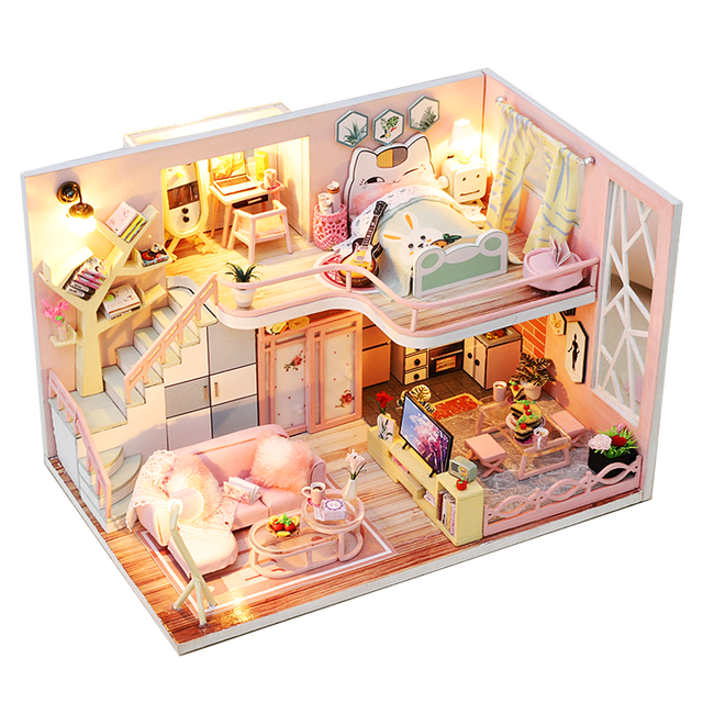 Qfdian  DIY Doll House Wooden Doll Houses Miniature Dollhouse Furniture Diorama Kit with LED Toys for Children Christmas Gift