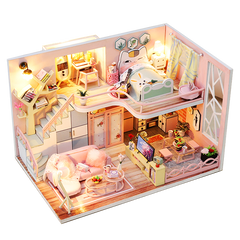 Qfdian  DIY Doll House Wooden Doll Houses Miniature Dollhouse Furniture Diorama Kit with LED Toys for Children Christmas Gift