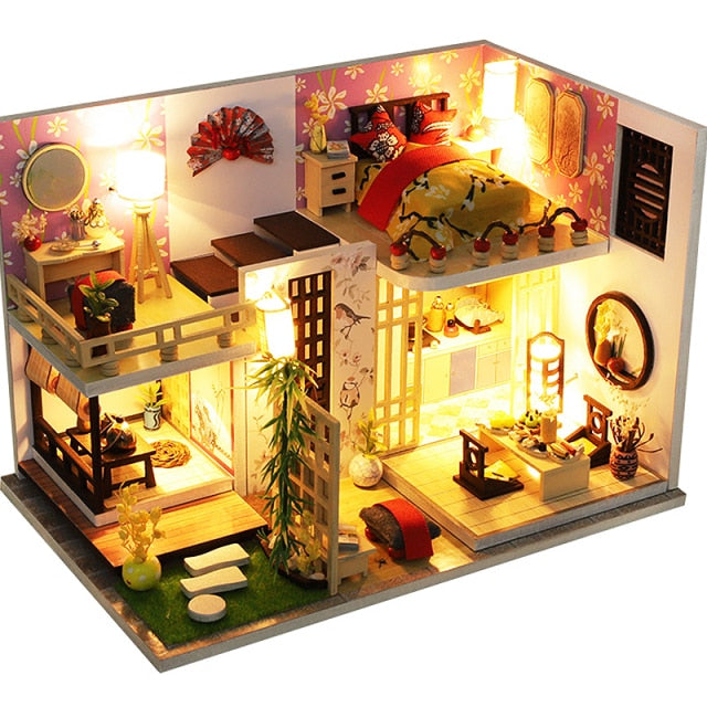 Qfdian  DIY Doll House Wooden Doll Houses Miniature Dollhouse Furniture Diorama Kit with LED Toys for Children Christmas Gift