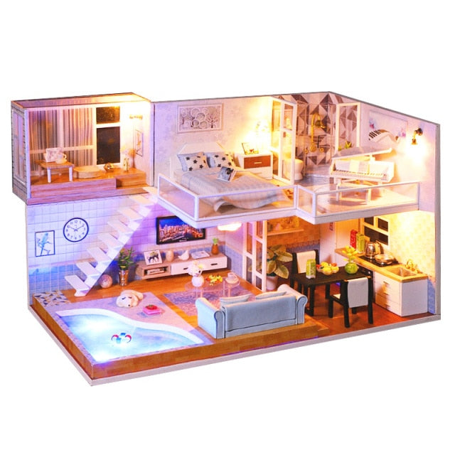 Qfdian  DIY Doll House Wooden Doll Houses Miniature Dollhouse Furniture Diorama Kit with LED Toys for Children Christmas Gift