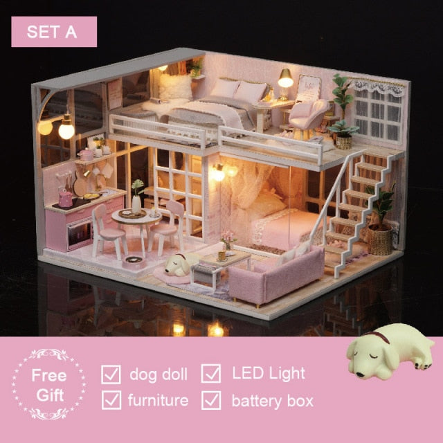 Qfdian DIY Doll House Wooden Doll Houses Miniature Dollhouse Furniture Kit Diornama Toys Casa for Children Christmas Gift  L026