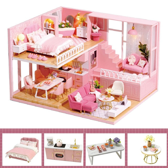 Qfdian DIY Doll House Wooden Doll Houses Miniature Dollhouse Furniture Kit Diornama Toys Casa for Children Christmas Gift  L026