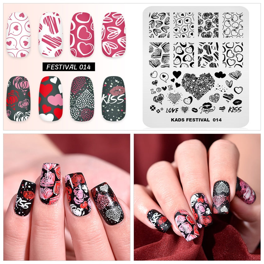 Qfdian valentines day decoration  Nail Art Valentines Day Nail Stamping Plates Heart Image Stamp Template Christmas Flower Nature Nail Stencils Plate Set