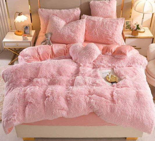 Qfdian Cozy apartment aesthetic Luxury Plush Pure Color Shaggy Warm Fleece Girl Bedding Set Mink Velvet For Home Double Duvet Cover Set Bed Sheet Pillowcase