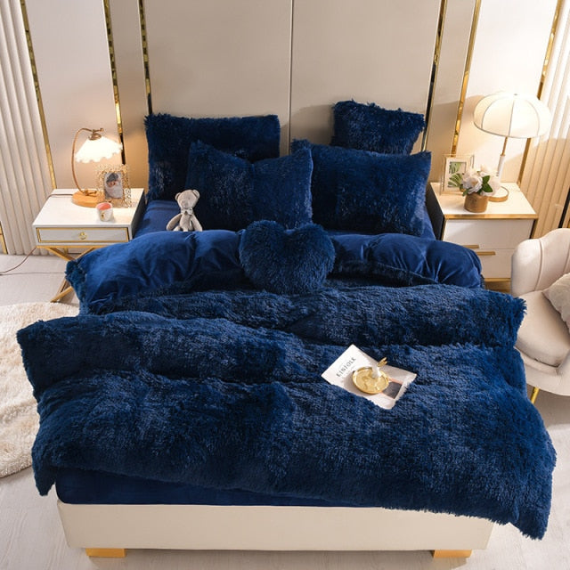 Qfdian Cozy apartment aesthetic Luxury Plush Pure Color Shaggy Warm Fleece Girl Bedding Set Mink Velvet For Home Double Duvet Cover Set Bed Sheet Pillowcase