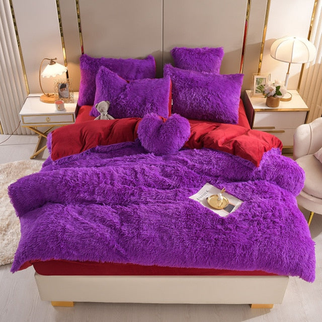 Qfdian Cozy apartment aesthetic Luxury Plush Pure Color Shaggy Warm Fleece Girl Bedding Set Mink Velvet For Home Double Duvet Cover Set Bed Sheet Pillowcase