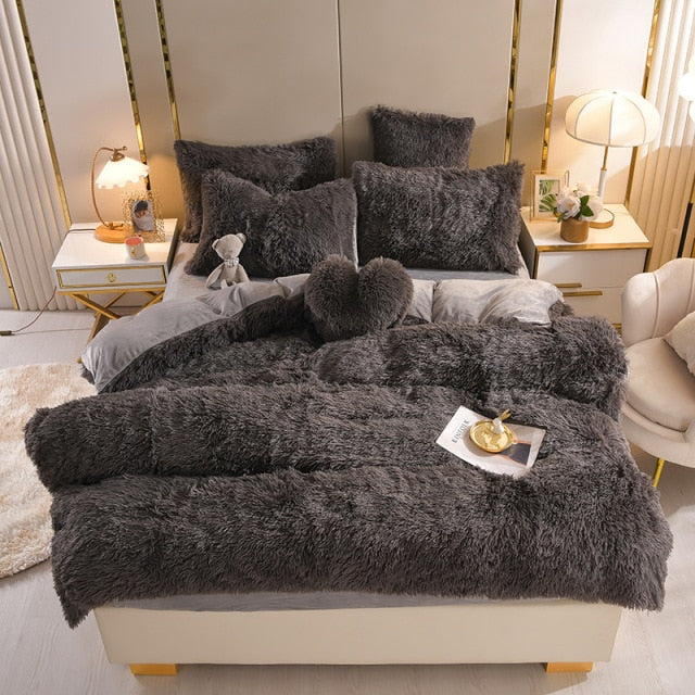 Qfdian Cozy apartment aesthetic Luxury Plush Pure Color Shaggy Warm Fleece Girl Bedding Set Mink Velvet For Home Double Duvet Cover Set Bed Sheet Pillowcase