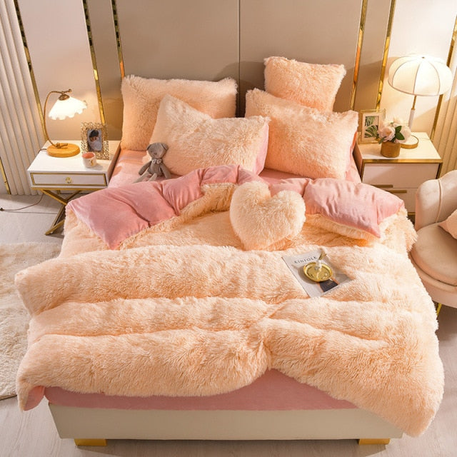 Qfdian Cozy apartment aesthetic Luxury Plush Pure Color Shaggy Warm Fleece Girl Bedding Set Mink Velvet For Home Double Duvet Cover Set Bed Sheet Pillowcase