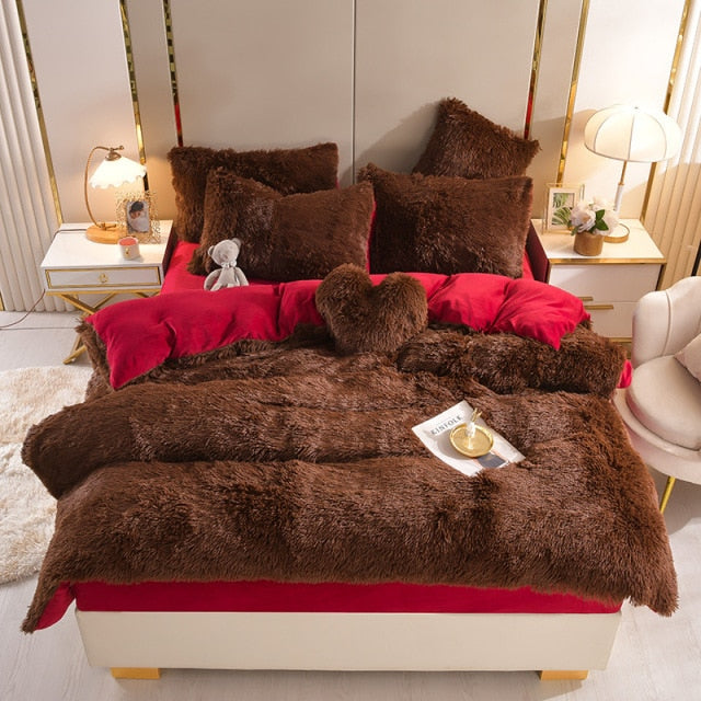 Qfdian Cozy apartment aesthetic Luxury Plush Pure Color Shaggy Warm Fleece Girl Bedding Set Mink Velvet For Home Double Duvet Cover Set Bed Sheet Pillowcase