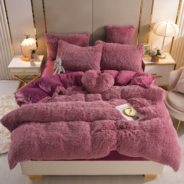 Qfdian Cozy apartment aesthetic Luxury Plush Pure Color Shaggy Warm Fleece Girl Bedding Set Mink Velvet For Home Double Duvet Cover Set Bed Sheet Pillowcase