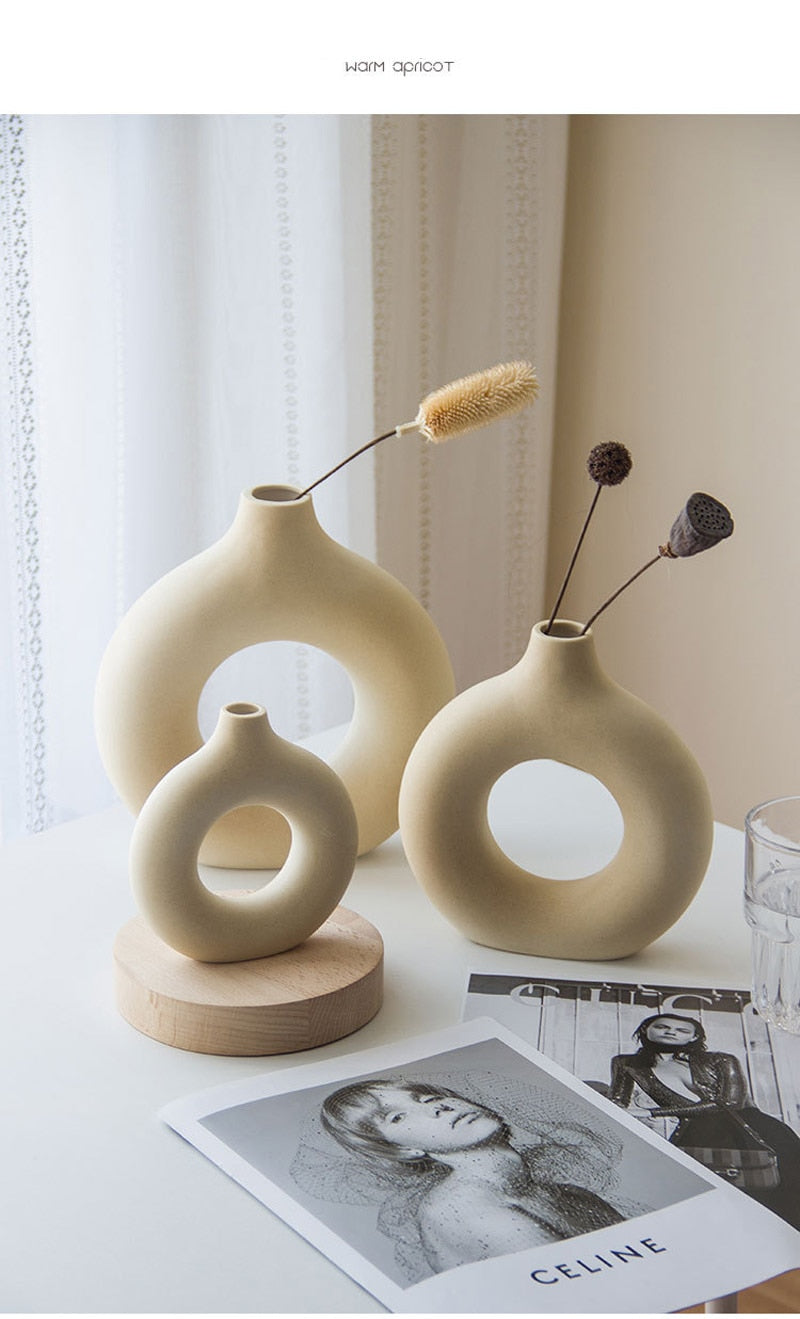 VILEAD Nordic Circular Hollow Ceramic Vase Donuts Flower Pot Home Decoration Accessories Office Desk Living Room Interior Decor