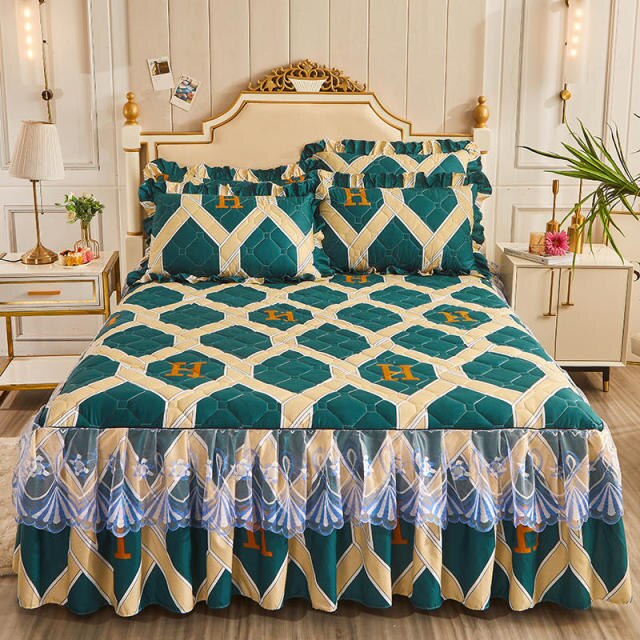 Qfdian  Christmas Princess Bedding Bed Skirt bedspread Pillowcases Winter Thick Warm Lace Bed Sheets Mattress Cover King Queen Size Bed Cover