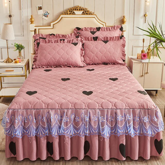 Qfdian  Christmas Princess Bedding Bed Skirt bedspread Pillowcases Winter Thick Warm Lace Bed Sheets Mattress Cover King Queen Size Bed Cover