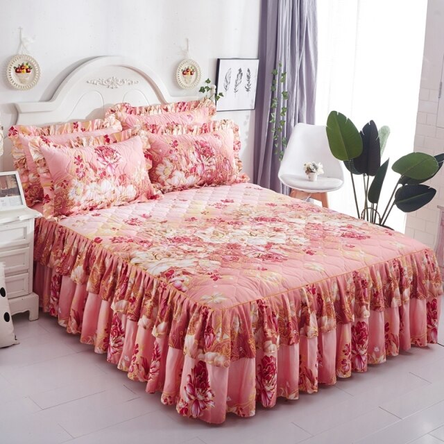 Qfdian  Christmas Princess Bedding Bed Skirt bedspread Pillowcases Winter Thick Warm Lace Bed Sheets Mattress Cover King Queen Size Bed Cover