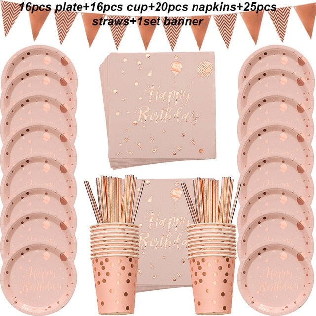 QFDIAN Rose Gold/Pink/Black/Blue Disposable Dinnerware Set Birthday Party Tableware kit for Baby Shower 1st birthday Wedding christmas