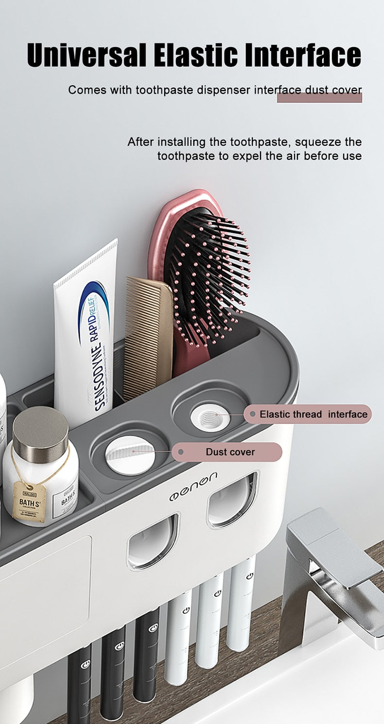 Qfdian Wall-mounted Toothbrush Holder With 2 Toothpaste Dispenser Punch-free Bathroom Storage For Home Waterproof Bathroom Accessories