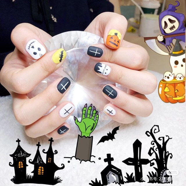 Qfdian Christmas 24pcs Halloween Nail Tip Fake Art Ghost Skeleton Press on Nails with Glue Designs Funny Artificial Short Christmas False Nails