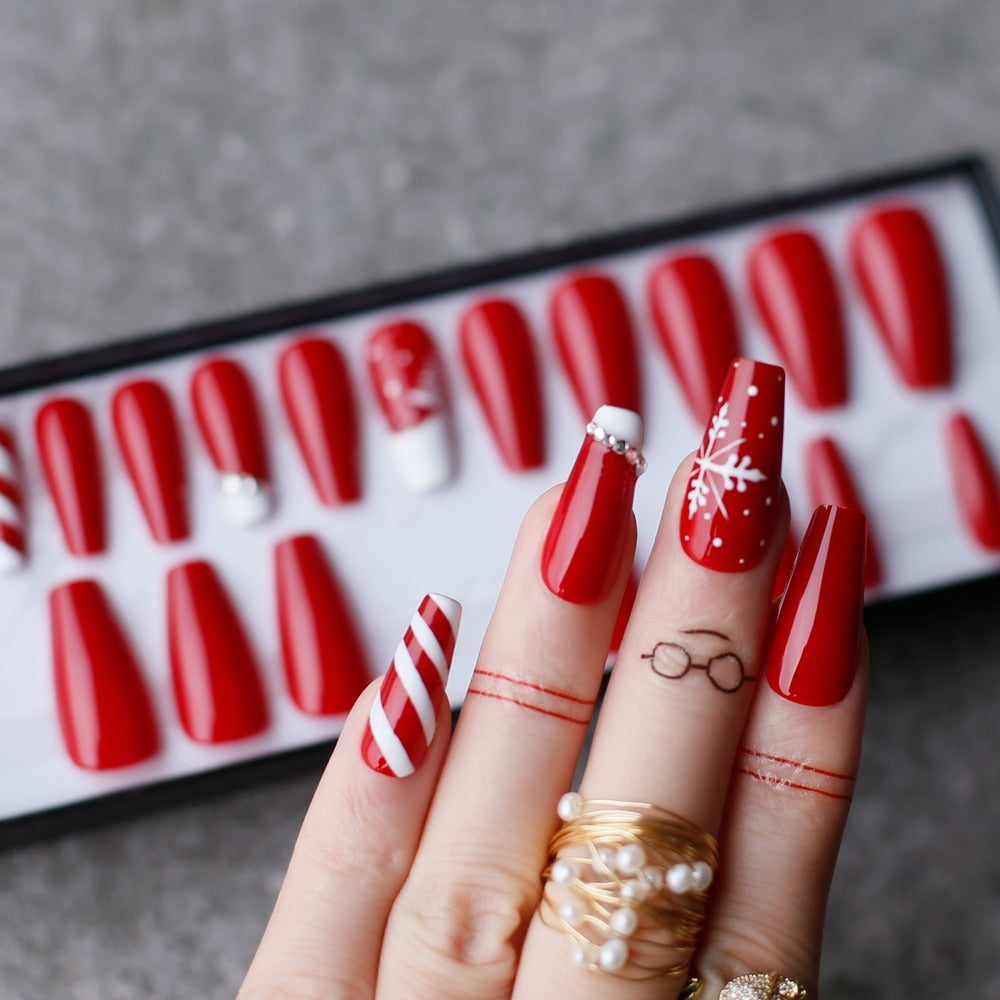 Qfdian gifts for women Christmas candycane Coffin False nails with box  Acrylic crystal DIY Style Art Fake nalis Tips Press on nails Snow Christmas hat