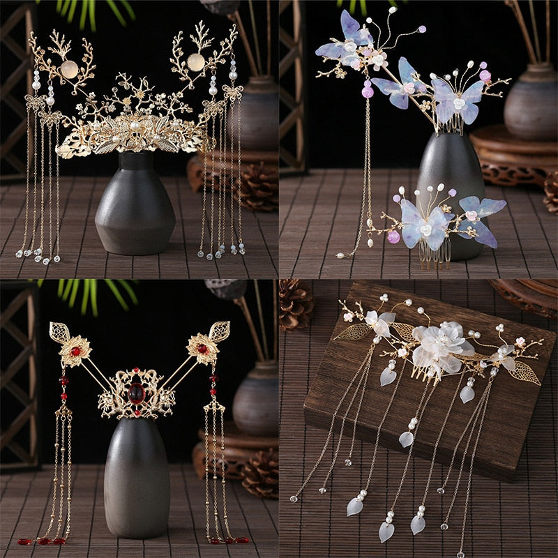 Qfdian 3PCS Luxury Hair Accessories for Women Hair Comb Floret Hanfu Stepping Tassel Hair Stick Chinese Style Bride Tiaras and Crowns