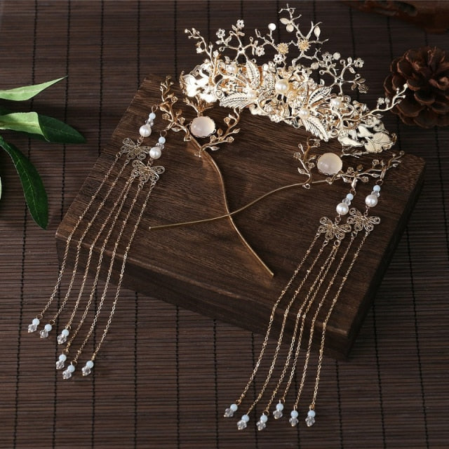 Qfdian 3PCS Luxury Hair Accessories for Women Hair Comb Floret Hanfu Stepping Tassel Hair Stick Chinese Style Bride Tiaras and Crowns