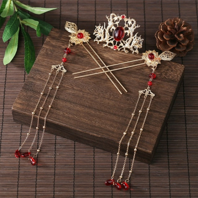 Qfdian 3PCS Luxury Hair Accessories for Women Hair Comb Floret Hanfu Stepping Tassel Hair Stick Chinese Style Bride Tiaras and Crowns