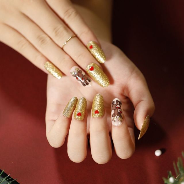 Qfdian Christmas decor ideas Christmas Series Fake Nails Full Cover Almond Fake Nails DIY  Press On Nails Nail Supplies For Professionals Artificial Nail Tip