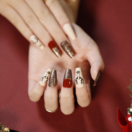 Qfdian gifts for women Fake nails press on Detachable Christmas painting Snowflake Coffin False Nails Wearable Ballerina Fake Nails Full Cover Nail Tip