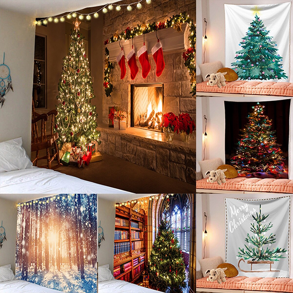 qfdian Wall Hanging Tapestry Gorgeous Christmas Tree Fireplace Stockings Gifts Tapestry for Bedroom Living Room Dorm