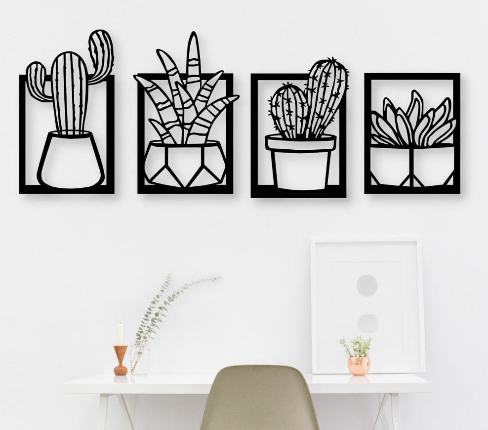Qfdian Cozy apartment aesthetic Wooden Wall Art Decor Cactus Flower Vase Black Color Modern Nature Desert Home Office New 3D Creative Stylish Living Room Bedroom Kitchen Decorative Quality Gift Ideas Ornament Painting Classic Beautiful Cute