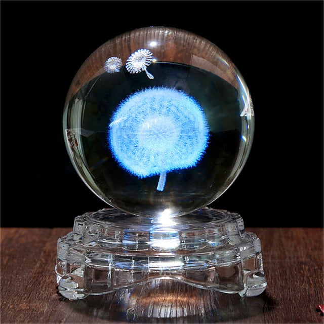 qfdian Dandelion Elk 3D Crystal Ball Luminous Ornaments Light Up Snow Globe Night Light Home Decoration Creative Crystal Gift