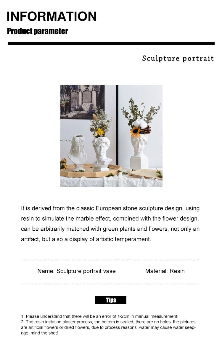Qfdian valentines day gifts Nordic Vase Home Decor Vase Creative Human Head Portrait Flower Vases Room Decoration Resin David Flower Vase Room Decor