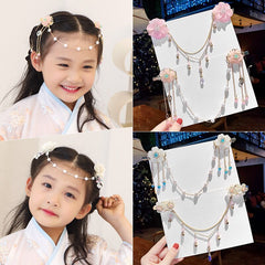 Qfdian gifts for her Chinese Style Children's Flower Hairpin Girl Long Chain Hair Clips Retro Hanfu Accessories Tassel Forehead Barrettes Headdress