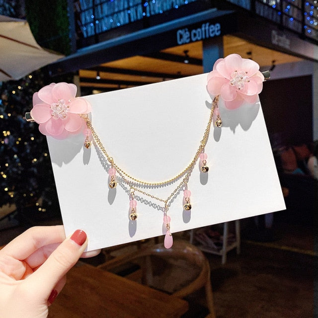 Qfdian gifts for her Chinese Style Children's Flower Hairpin Girl Long Chain Hair Clips Retro Hanfu Accessories Tassel Forehead Barrettes Headdress