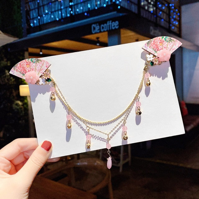 Qfdian gifts for her Chinese Style Children's Flower Hairpin Girl Long Chain Hair Clips Retro Hanfu Accessories Tassel Forehead Barrettes Headdress