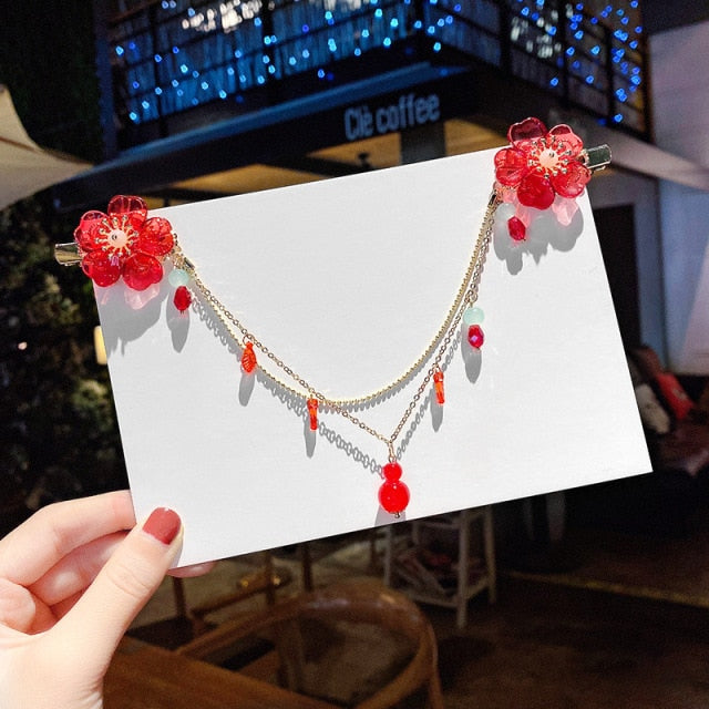 Qfdian gifts for her Chinese Style Children's Flower Hairpin Girl Long Chain Hair Clips Retro Hanfu Accessories Tassel Forehead Barrettes Headdress