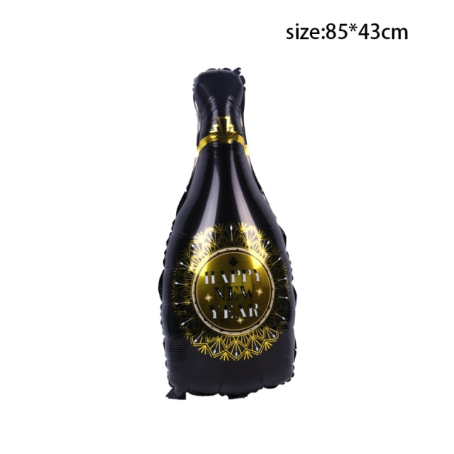 Qfdian New Years Eve Party Supplies Foil Balloon Black Gold Bottle Helium Globos Digit Air Balloon Christmas Happy New Year Decorations