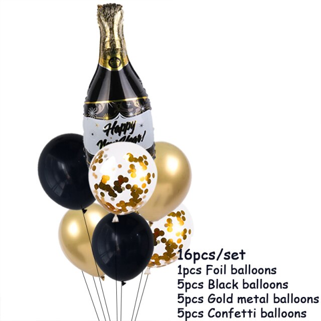 Qfdian New Years Eve Party Supplies Foil Balloon Black Gold Bottle Helium Globos Digit Air Balloon Christmas Happy New Year Decorations