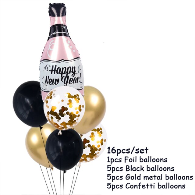 Qfdian New Years Eve Party Supplies Foil Balloon Black Gold Bottle Helium Globos Digit Air Balloon Christmas Happy New Year Decorations