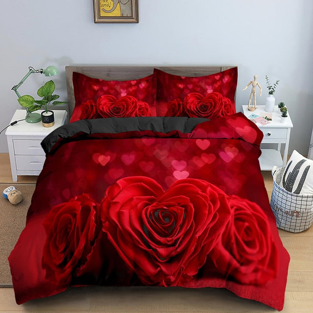 Qfdian valentines day decorations for the home Christmas 3D Rose Flower Bedding Set 3D Print Duvet Cover Quilt Cover With Zipper Queen Double Comforter Sets Valentine Christmas Gifts