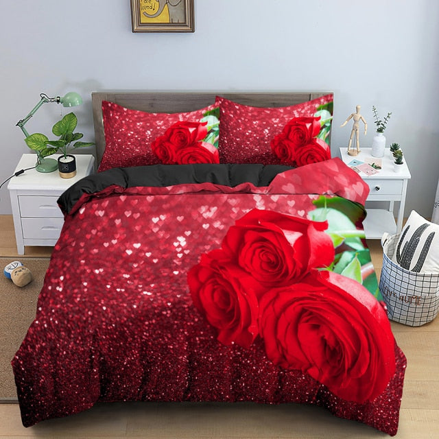 Qfdian valentines day decorations for the home Christmas 3D Rose Flower Bedding Set 3D Print Duvet Cover Quilt Cover With Zipper Queen Double Comforter Sets Valentine Christmas Gifts