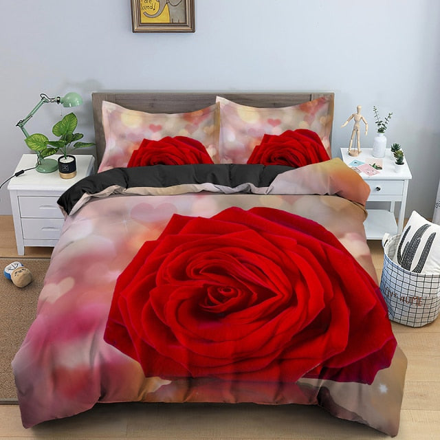 Qfdian valentines day decorations for the home Christmas 3D Rose Flower Bedding Set 3D Print Duvet Cover Quilt Cover With Zipper Queen Double Comforter Sets Valentine Christmas Gifts