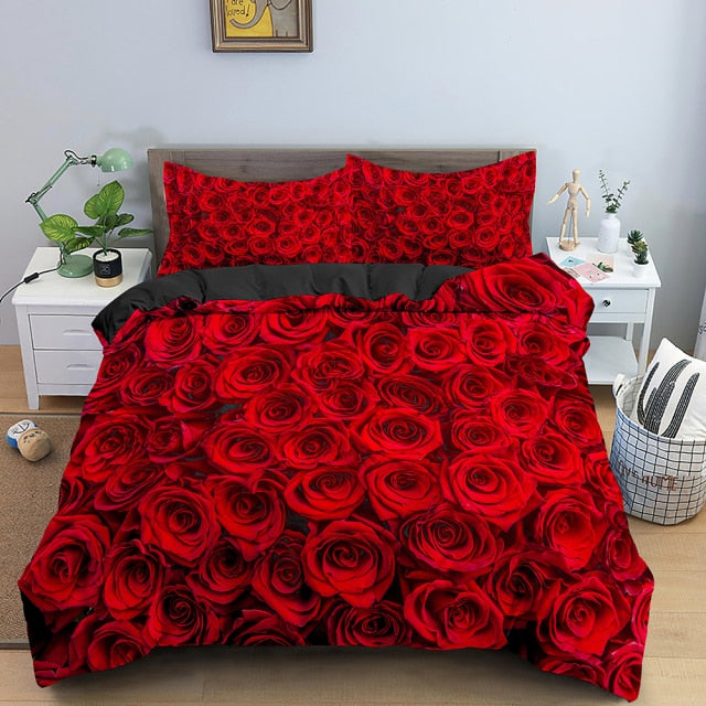 Qfdian valentines day decorations for the home Christmas 3D Rose Flower Bedding Set 3D Print Duvet Cover Quilt Cover With Zipper Queen Double Comforter Sets Valentine Christmas Gifts