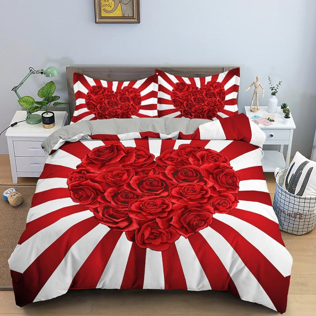 Qfdian valentines day decorations for the home Christmas 3D Rose Flower Bedding Set 3D Print Duvet Cover Quilt Cover With Zipper Queen Double Comforter Sets Valentine Christmas Gifts