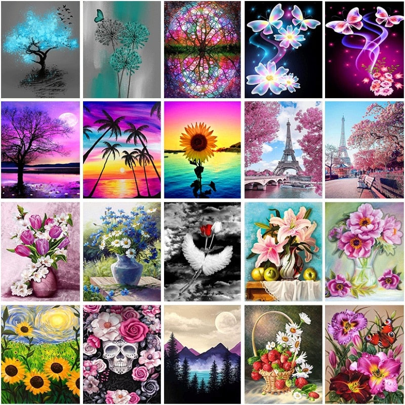 Qfdian DIY 5D Diamond Painting Flower Full Round Mosaic Landscape Flower Diamond Embroidery Picture Rhinestone For Home Decor