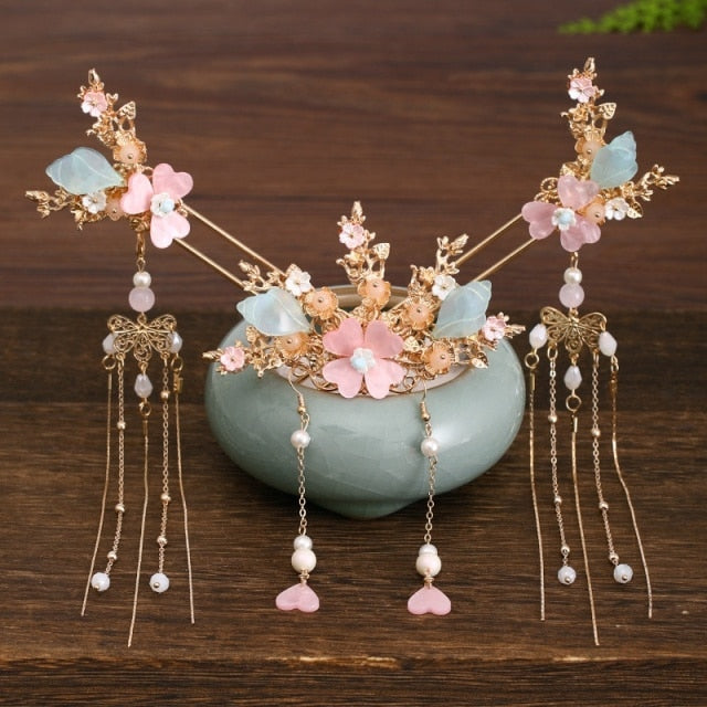 qfdian Chinese Long Hair Stick tiara Headpiece Women Hair Accessories Flower Crystal Pearl Hair Pins Handmade Hanfu Hair Jewelry Set