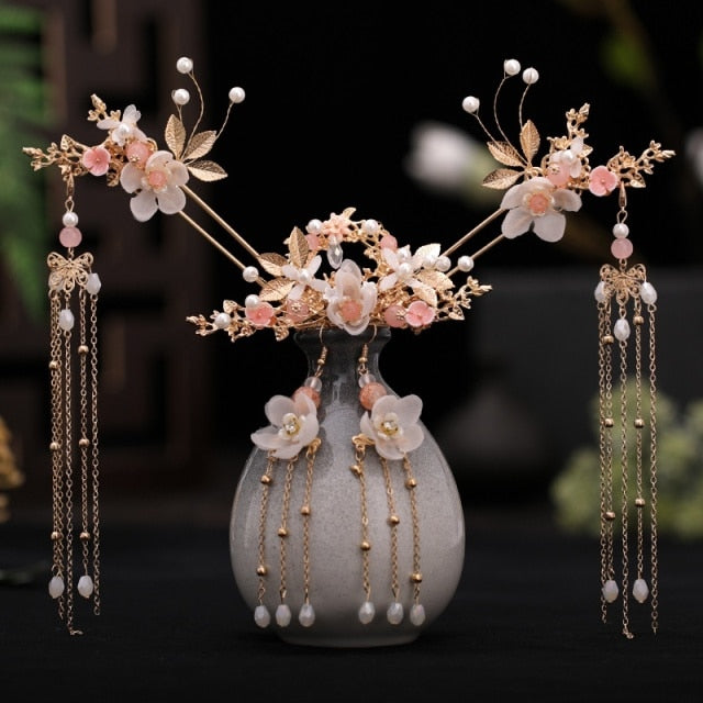 qfdian Chinese Long Hair Stick tiara Headpiece Women Hair Accessories Flower Crystal Pearl Hair Pins Handmade Hanfu Hair Jewelry Set